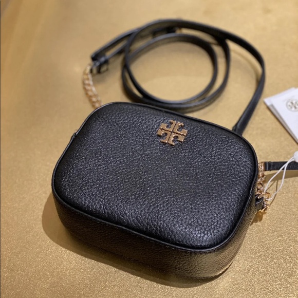 Tory Burch Logo Round Crossbody Purse Black Gold - Picture 3 of 8